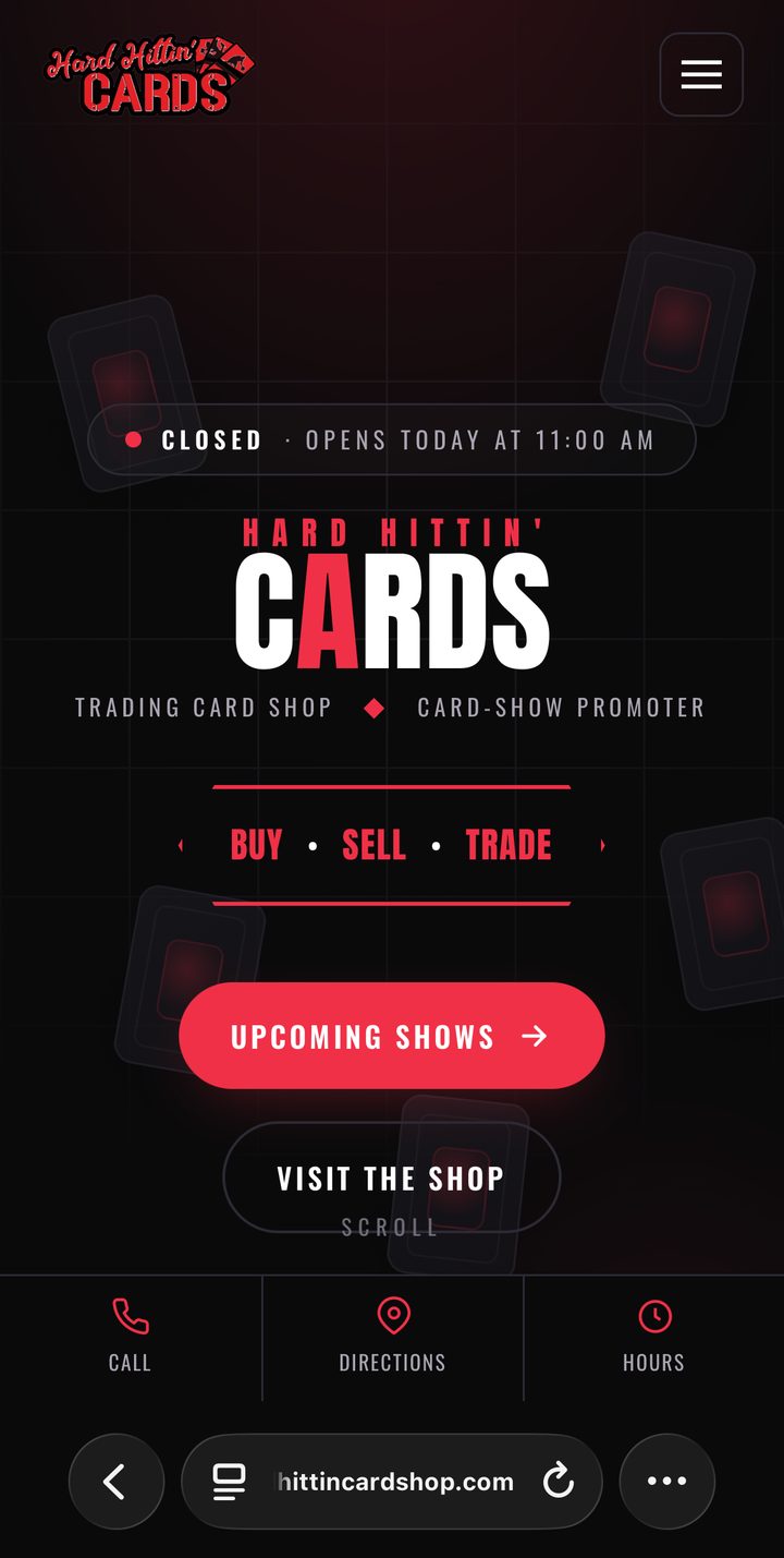 Hard Hittin Card Shop homepage on mobile