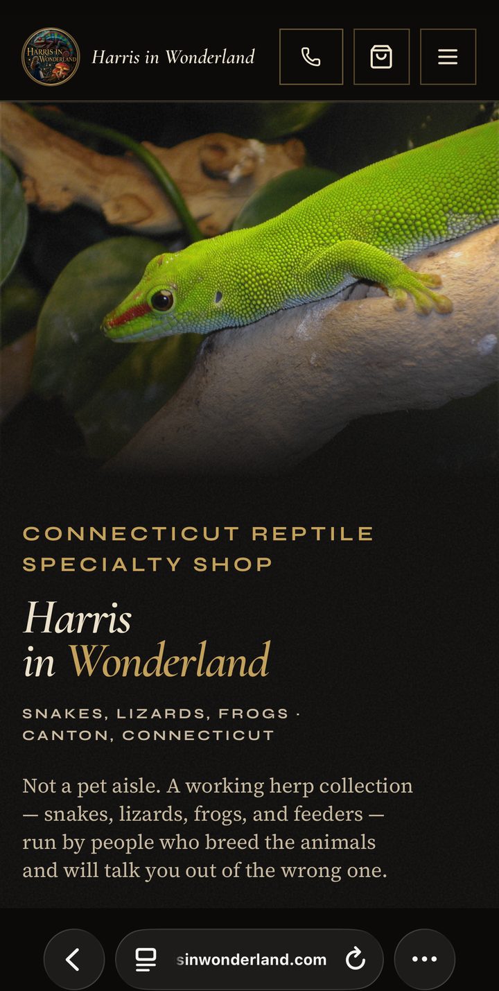 Harris in Wonderland homepage on mobile