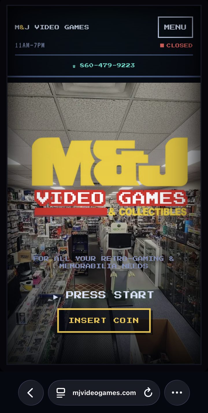 M and J Video Games homepage on mobile