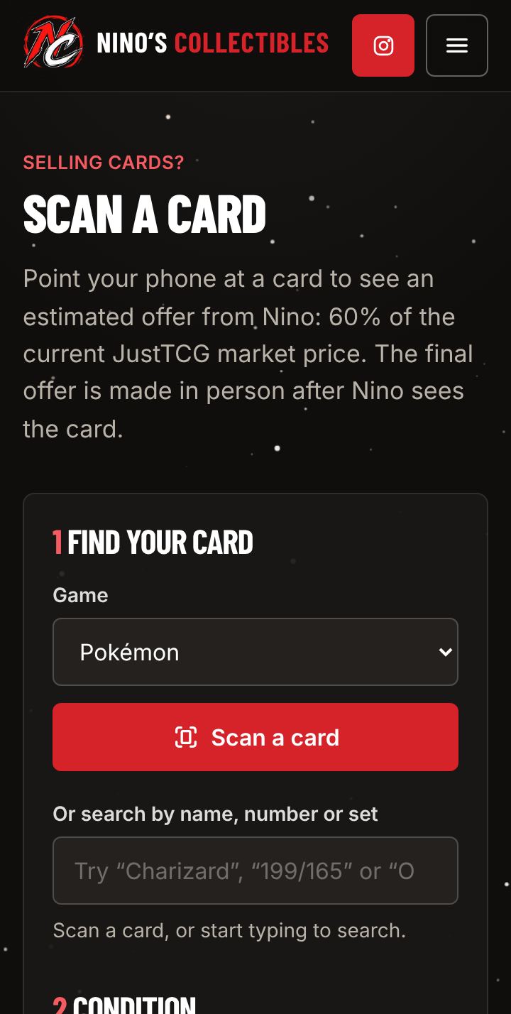 Nino’s Collectibles card scanner page shown on a mobile phone