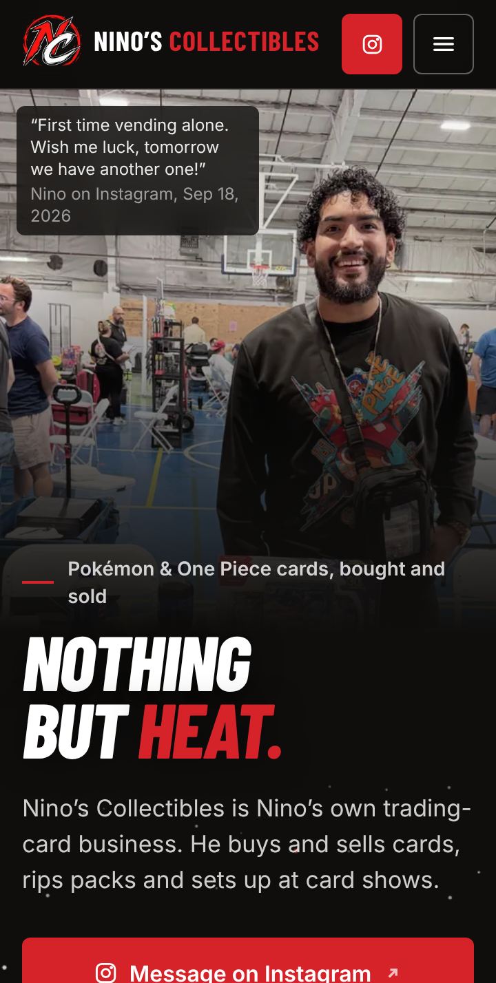 Nino’s Collectibles website shown on a mobile phone